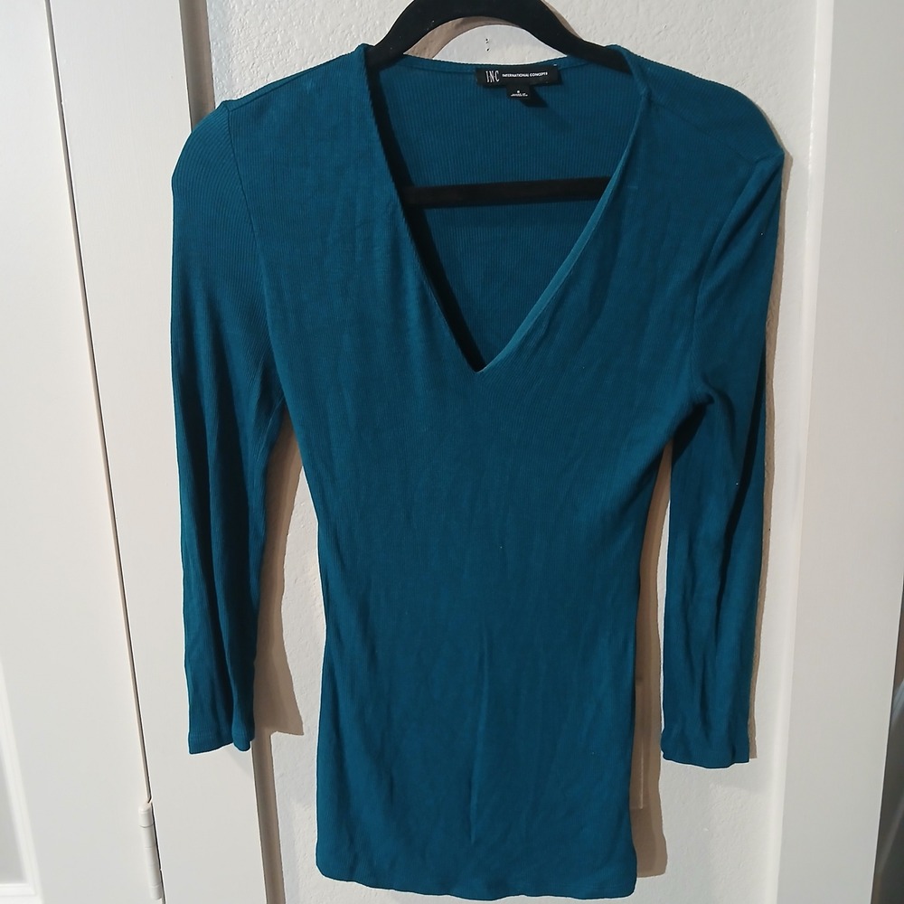 INC International Concepts Teal Ribbed V-Neck Long Sleeve Top Small